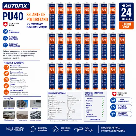 ADESIVO COLA POLIURETANO PU40 PRETO KIT 24 UNDS AUTOFIX