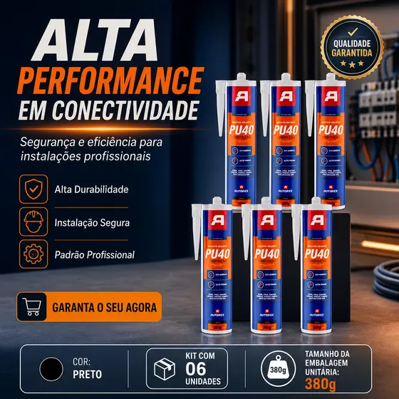 ADESIVO COLA POLIURETANO PU40 PRETO KIT 06 UNDS AUTOFIX