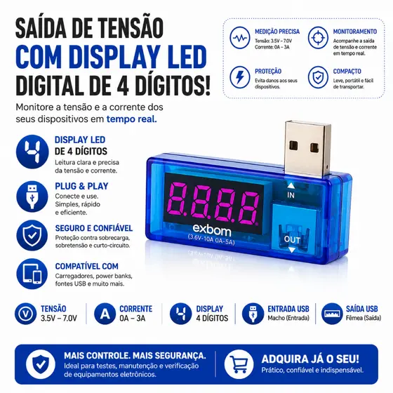 Testador USB de Voltagem e Amperagem Voltímetro Universal Exbom