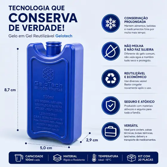 Kit placa de gelo rígio artificial 100 ml gelox reutilizável