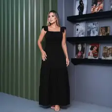 Vestido longo luxo duna lisa com babada na manga e renda na cintura 1943