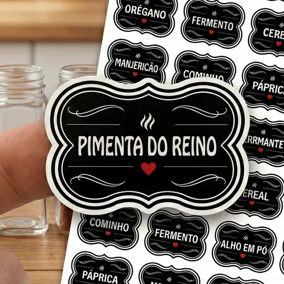 50 Adesivos no Vinil PRETO para Potes Organizadores Temperos Mantimentos Organizador 5x3,5cm