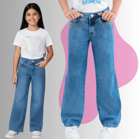 Calça Feminina Wide Leg Jeans Menina STRASS Brilho Estilosa Blogueira Barra Larga CASCATA