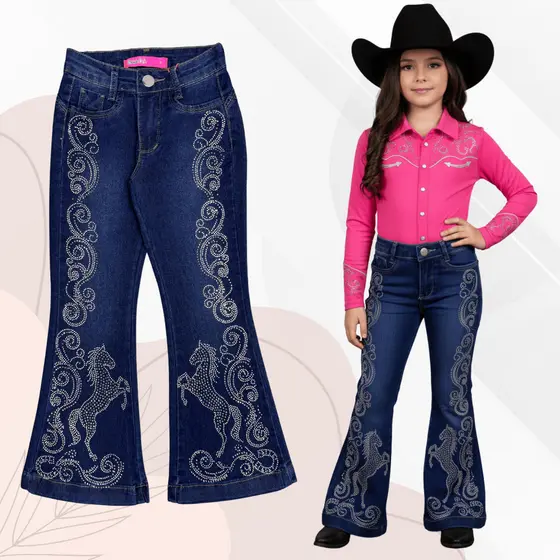 Calça Jeans Flare Feminina Infantil e Juvenil Meninas Com Strass Rodeio Ana Castela Calça de Boiadeira Country