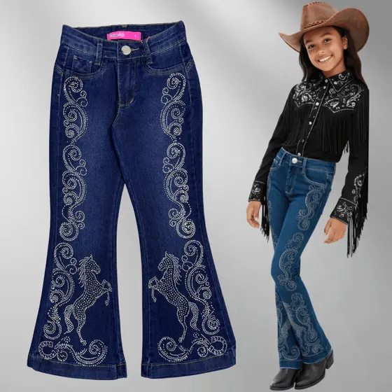 Calça Jeans Flare Feminina Infantil e Juvenil Meninas Com Strass Rodeio Ana Castela Calça de Boiadeira