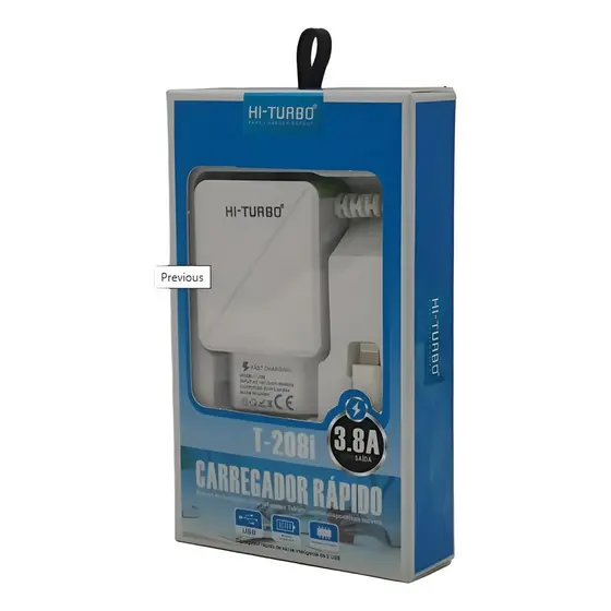Carregador Rápido Hi-Turbo 2 USBs X lightning 3.8a C/ Cabo 1m T-208I