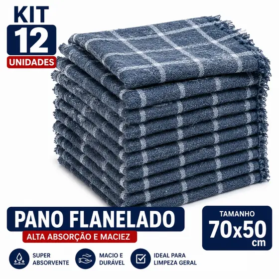 Kit 12 Panos de Chão Xadrez Extra Grande Flanelado 70x50cm