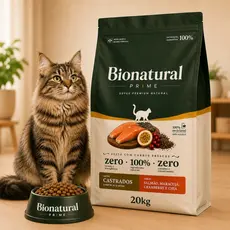 Racao Bionatural Prime Super Premium Gatos Castrados 20kg Sabor Salmao e Maracuja