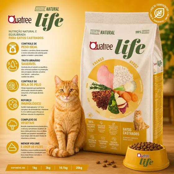Ração Natural Gato Adulto Castrado 10.1KG Quatree Life Sabor Frango e Arroz