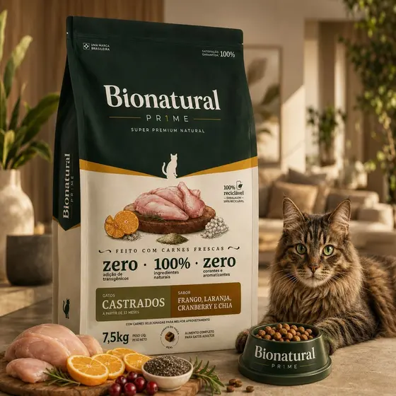 Ração Bionatural Prime Super Premium Gatos Castrados 7.5kg Frango Envio Imediato