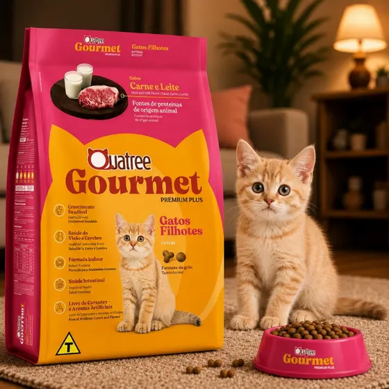 Ração Gato Adulto Filhote 10.1KG Quatree Gourmet Premium Sabor Carne e Leite