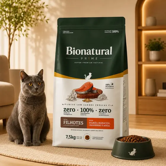 Ração SuperPremium Bionatural Gatos FIlhotes 7,5KG Sabor Salmão-Envio Imediato