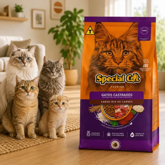 Racao Seca Special Cat Premium Gatos Castrados e Castrado Sabor Mix de Carnes 10kg