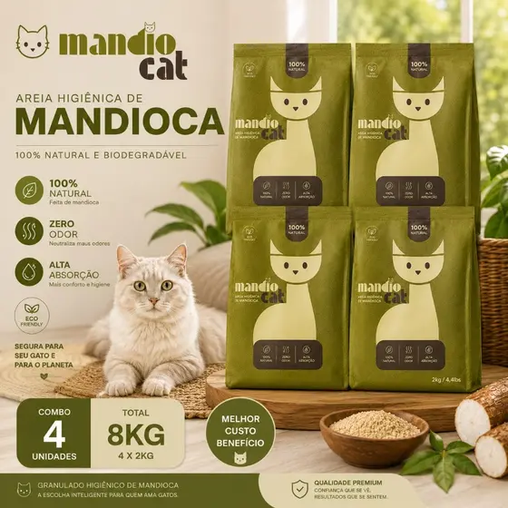 Areia Gato Mandiocat Mandioca Biodegradavel Natural gatos graos finos 8KG