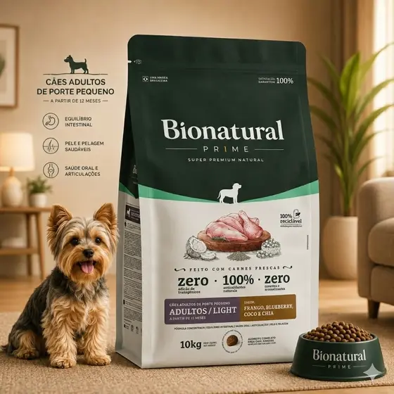 Ração BioNatural Prime Light Cães Adultos Castrados Raças Pequenas Frango 10kg Blueberry