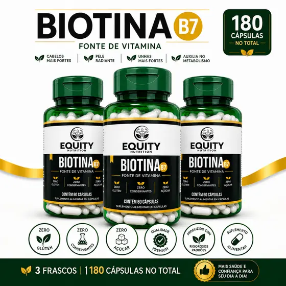 Biotina B7 45mcg Equity Nutrition 180 Cápsulas Com Colágeno Hidrolisado Zero Açúcar