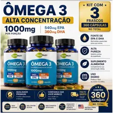 Ômega 3 1000mg 360 Cápsulas Tripla Fonte EPA 540mg DHA 360mg Óleo de Peixe de Alta Concentração