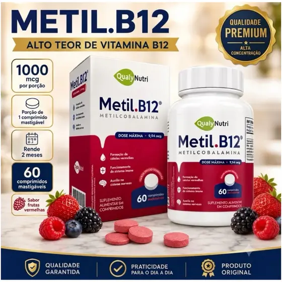 Vitamina B12 Metilcobalamina 1000mcg 60 Comprimidos Mastigáveis ​​Sabor Frutas Vermelhas