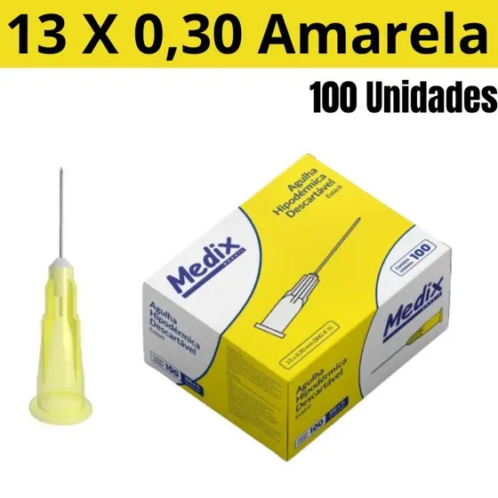 Agulha Hipodérmica Amarela Medix 13 x 0,30mm (30GX1/2) 25, 50, 100 ,200 e 300 Unidades