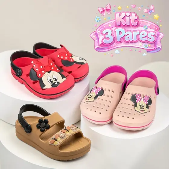 Kit Com 3 Pares De Sandália Babuche Infantil Menina Confortavel