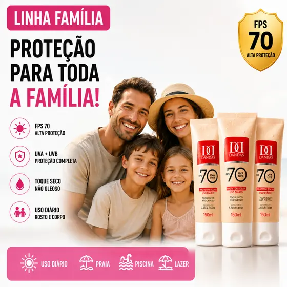 kit com 3 Antissinais, Protetor solar DANDAS Fps 70, 120 ml com Toque seco, PRAIA, NAO ARDE OS OLHOS