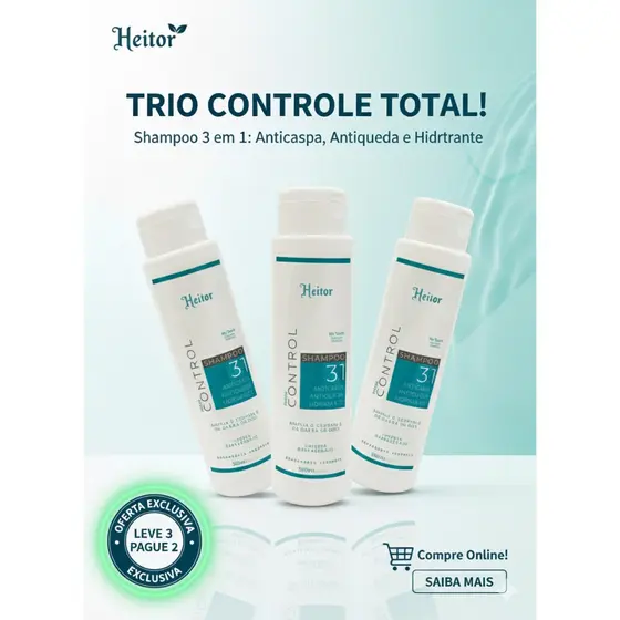 KIT 3 SHAMPOO ANTICASPA COM MENTOL HEITOR 300 ML- LIMPEZA PROFUNDA E REFRESCANCIA
