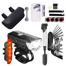 Farol Bike Luz Led Usb 300 Lumens + Sinalizador + Estojo de Ferramentas Chaves Bomba Pneu Remendo