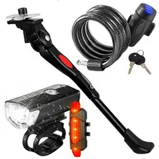 Kit Bike Trava Cabo De Aço Cadeado Bike Moto + Pezinho Central 20 a 29 + Farol Bike Luz Led Usb Mtb