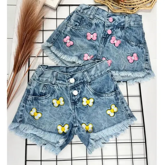 Short Jeans Infantil Feminino Bordado Borboleta 2 ao 12