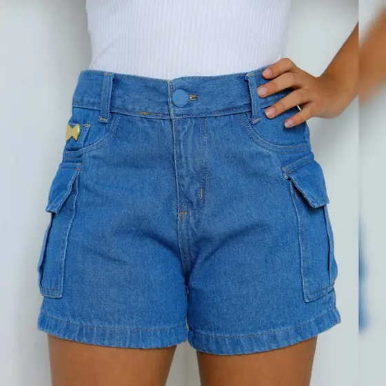 Short Jeans Cargo Infantil Juvenil Feminino Bolsos Laterais Conforto Casual