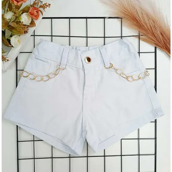 Short Jeans Branco com Cinto Coração Infantil  e Juvenil 4 ao 16