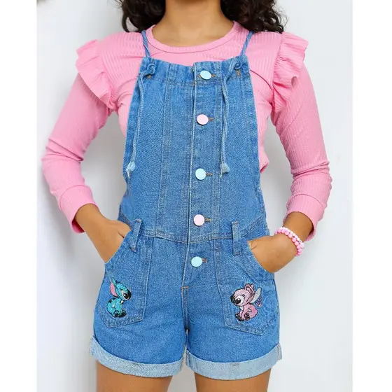 Jardineira Jeans Infantil Femina Stitch e Angiel - Moda Menina