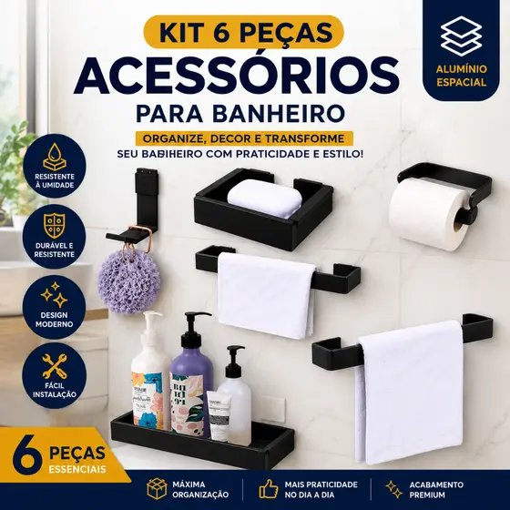 Acessórios Para Banheiro Kit c/ 6 Peças - Porta Shampoo Porta Toalha Porta Sabonete - BC