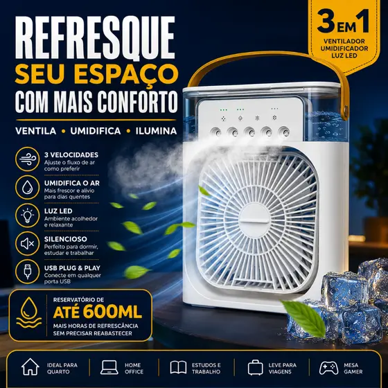 Mini Ar Condicionado Portátil USB 3 em 1 Climatizador Umidificador LED Silencioso 3 Velocidades Mesa