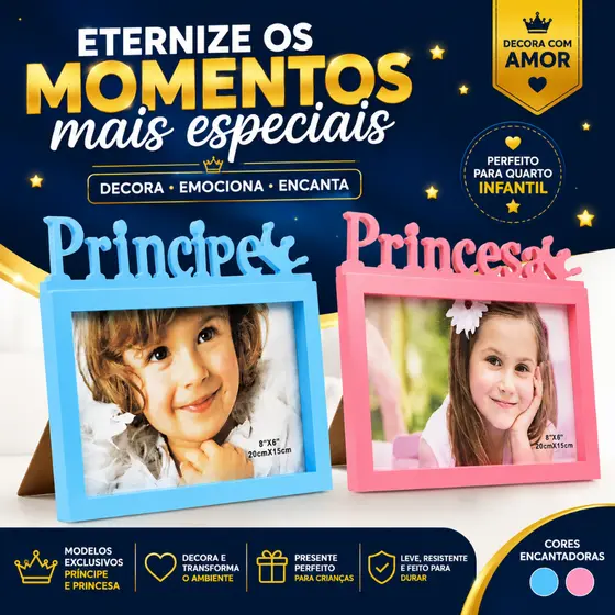 Porta Retrato Infantil Principe ou Princesa Moderno 20x15 Colorido Menino e Menina