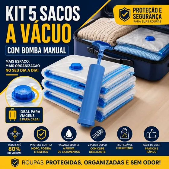 Kit 5 Sacos a Vácuo Para Roupas Com Bomba Manual | Organização de Mala, Viagem e Guarda-Roupa - BC