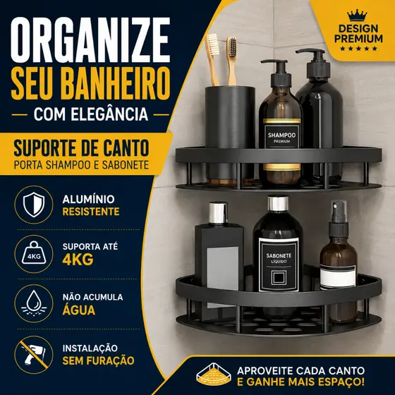 Suporte de Canto Porta Shampoo Sabonete Prateleira para Banheiro Organizador Preto Oval Sem Furo