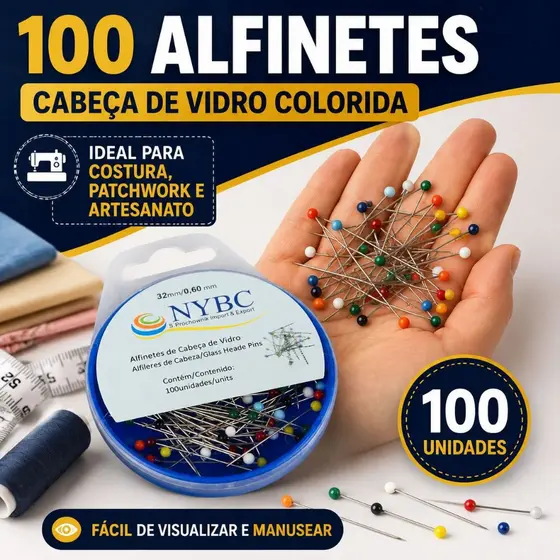 Kit 100 Alfinete Cabeça Vidro Inox Fino Colorido Patchwork Alinhavar Costura Bordado Aviamento Quilt