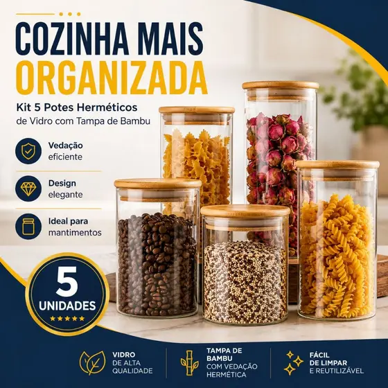 Kit 5 Porta Mantimentos Herméticos de Vidro Tampa Bambu com Vedação Grãos Temperos Organização