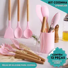Kit 12 Utensílios de Cozinha Silicone Cabo Madeira Resistente Calor Espátula Colher Antiaderente