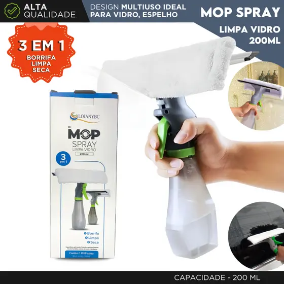 Rodo Spray Limpa Vidro 3 em 1 200ml MOP Multiuso Borrifador Limpador com Reservatório