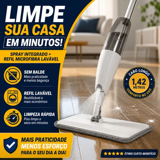 Mop Spray Cabo Longo 1,45m com Reservatório e Refil Microfibra Rodo Mágico Esfregão para Limpeza -BH