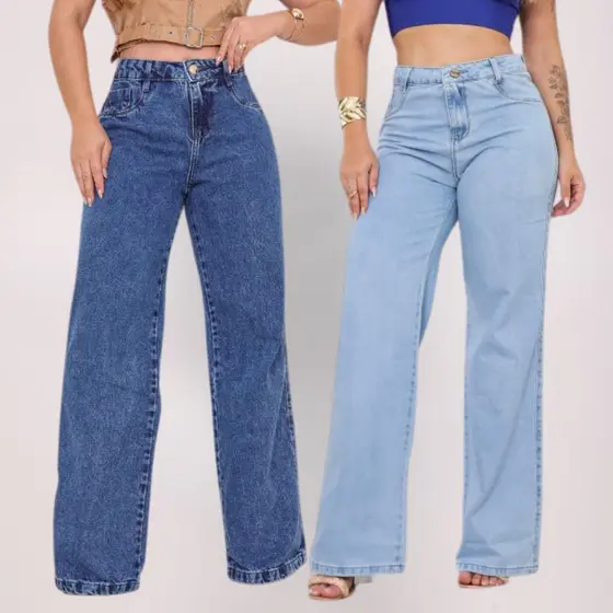 kit Cal莽a  Jeans Feminina Wide Leg Marmorizada Cintura Alta Sem Lycra 100% Algod茫o Pantalona