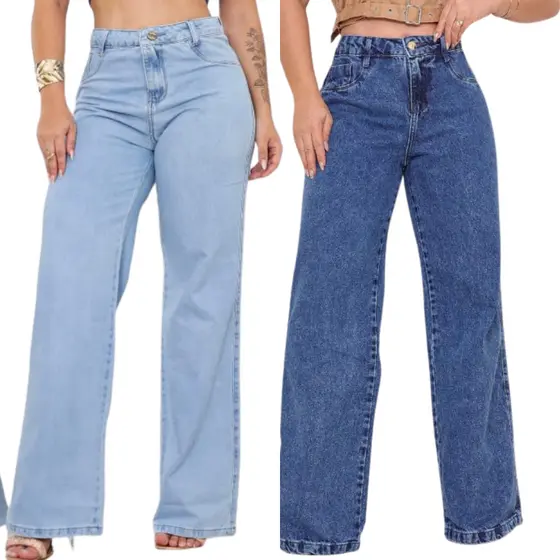 KIT CALÇA WID LEG JEANS 100% SEM LAYCRA COS ALTO JEANS SEM LAYCRA CALÇA BOCA LARGA CLARA MARMORIZADA CALÇA LARGA DELUXEE