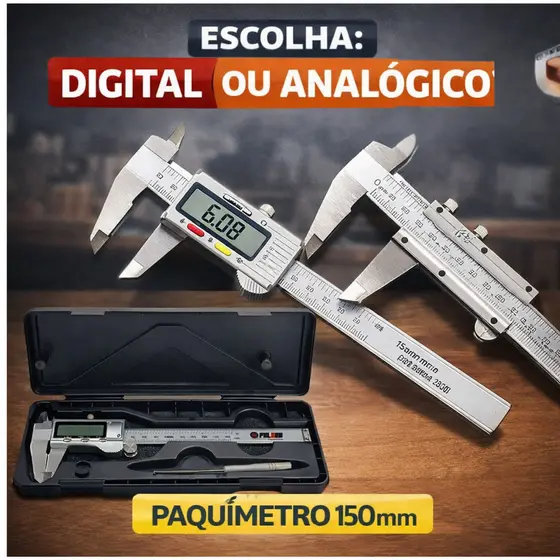 Paquímetro Digital e Analógico 150mm 6" Aço Inox Profissional Alta Precisão Vernier Oficina Mecânica
