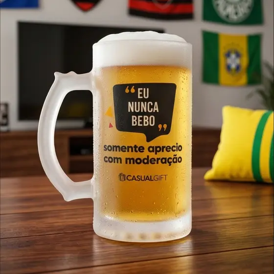 Caneca Chopp Fosca 480ML Estampada Divertida Bar Restaurante Bebidas ResistenteEu Nunca Bebo