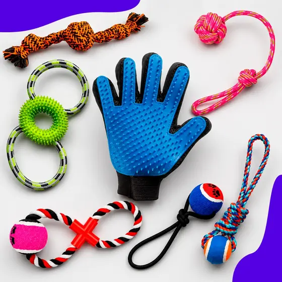 Kit 4 Brinquedos Pet Corda Luva Escova Tira Pelos Mordedores Bola Resistente Sortidas Gatos Cachorro