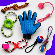 Kit 4 Brinquedos Pet Corda Luva Escova Tira Pelos Mordedores Bola Resistente Sortidas Gatos Cachorro
