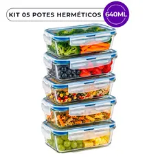 Kit 05 Pote Vidro 640ml Hermético Retangular 4 Travas Marmita Microondas Borossilicato