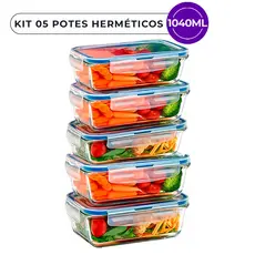 Kit 05 Pote Vidro 1040ml Hermético Retangular 4 Travas Marmita Microondas Borossilicato